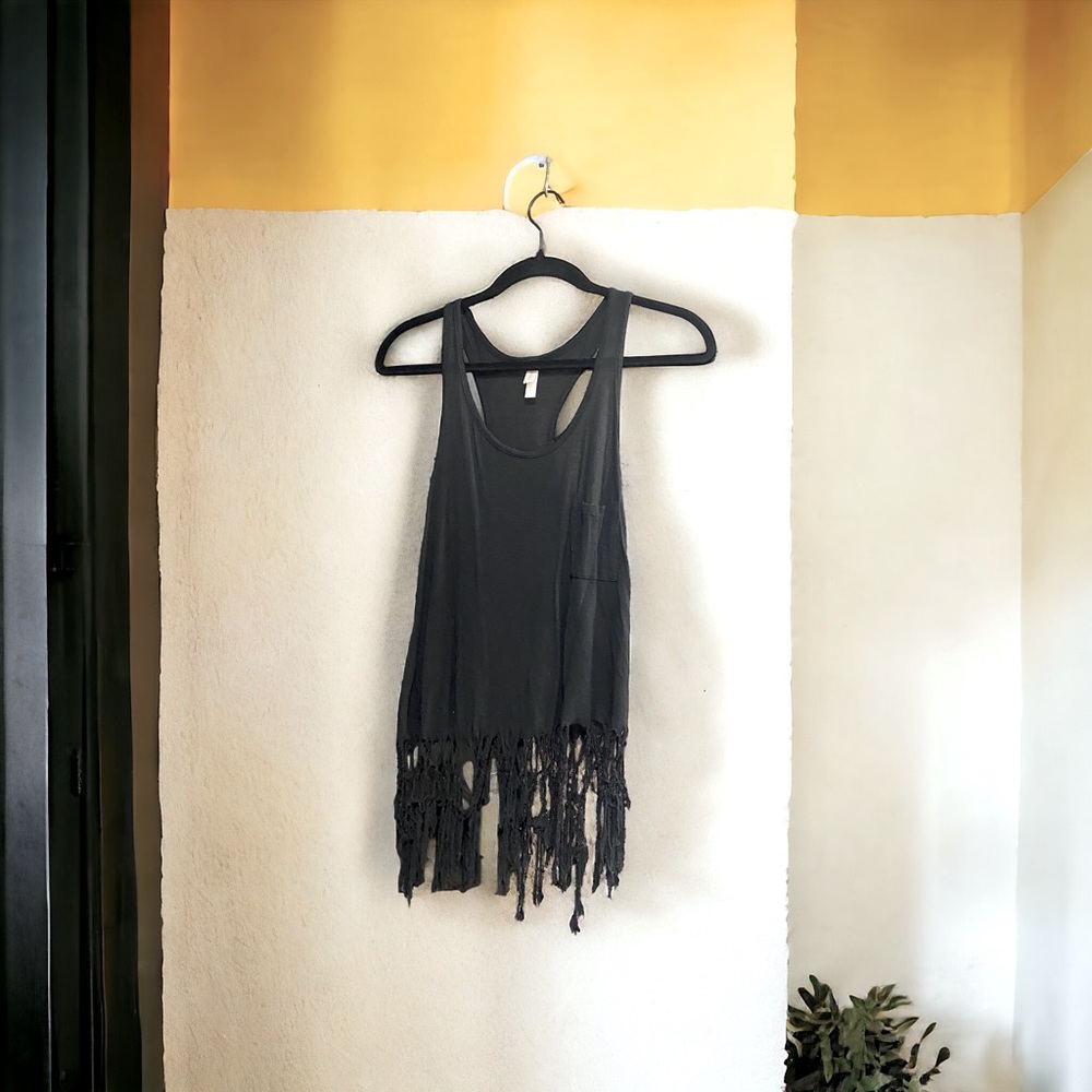 Xhilaration Chic Fringe Black Tank Top (Size M)